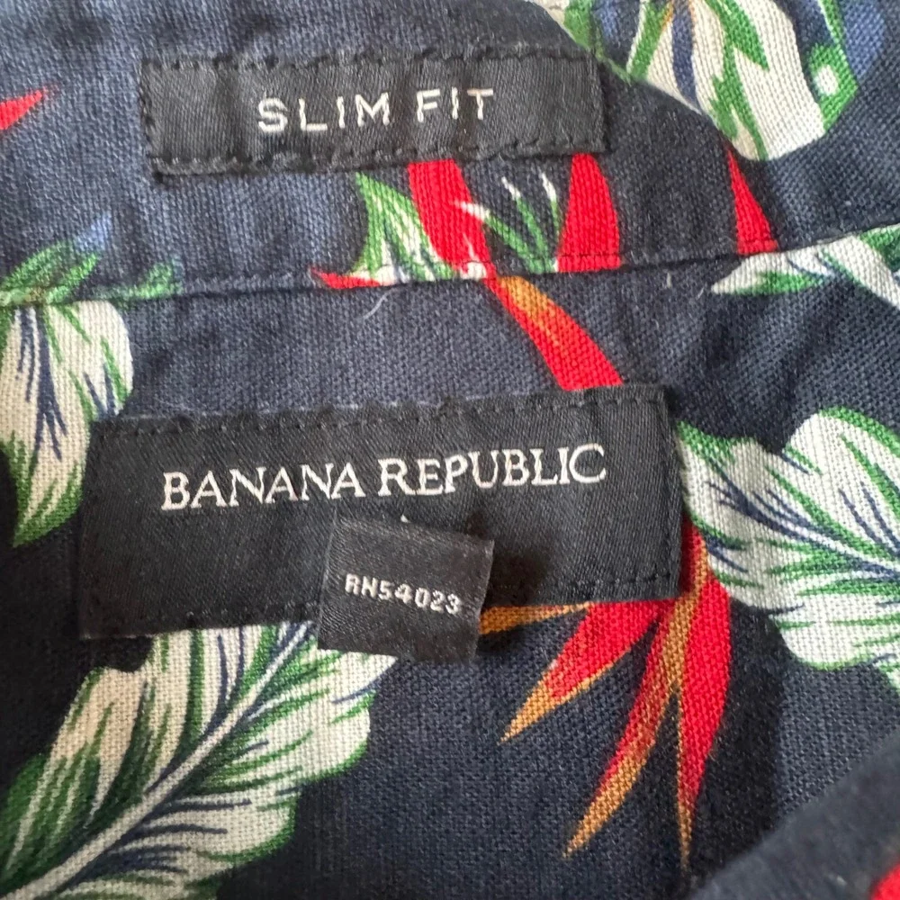 Banana Republic Blue Paradise‎ Linen Slim Fit Shirt M Tropical Hawaiian Print